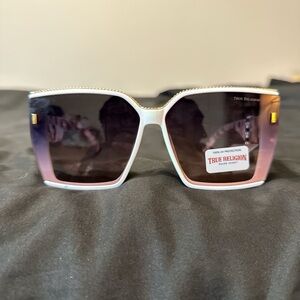 True Religion Pink Marble Gradient Square Sunglasses with Gold Logo